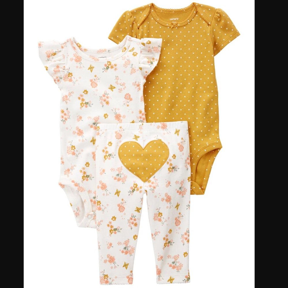 Baby Girl 3-Piece Heart Little Character Set - Yellow & White - Newborn